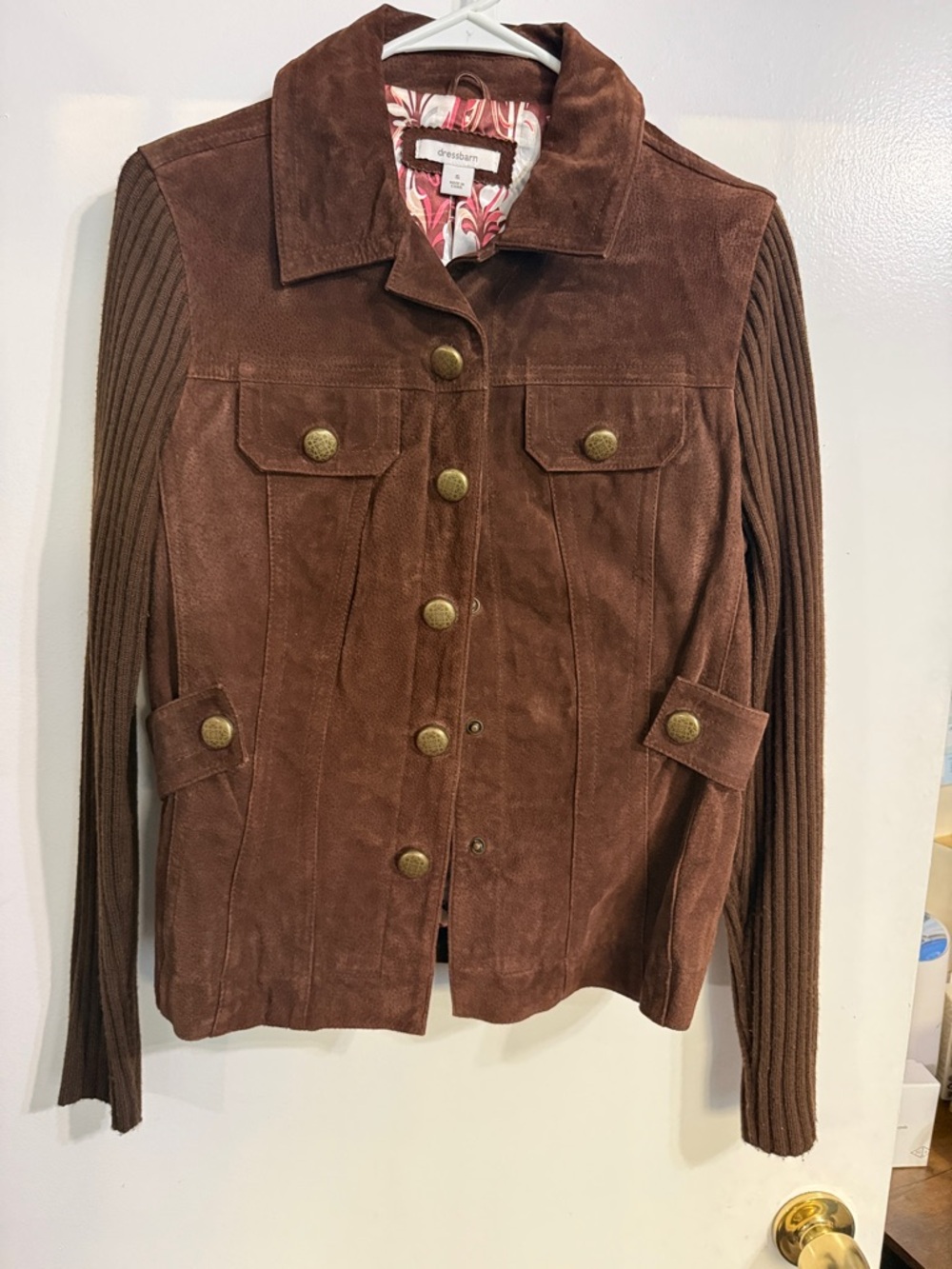 dressbarn Chocolate Brown Suede Jacket with Ribbed Knit Sleeves
